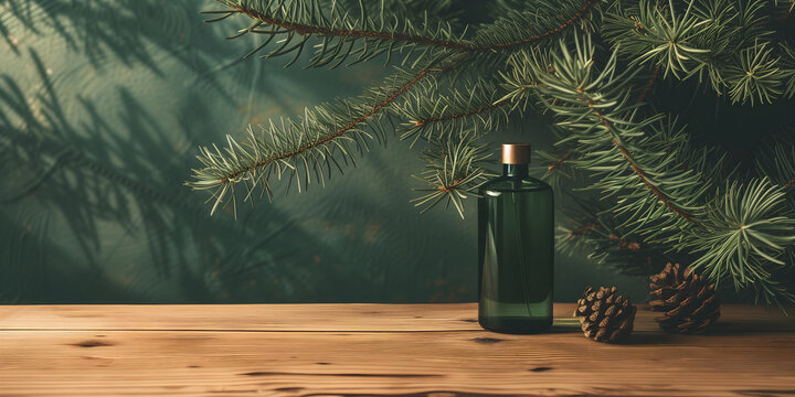 green glass bottle with perfume with a woody forest shade, fir, pine cones on a green background. Concept template of modern, premium perfume, cologne, advertising with place for text