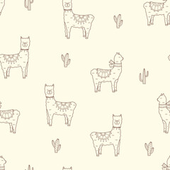 Seamless pattern of cute llamas and cacti. Vector illustration of funny animals background wallpaper.