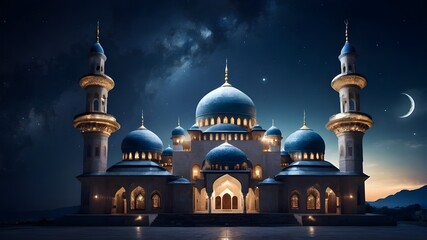 Obraz premium A luxurious mosque with Middle Eastern style domes and pillars with a nighttime atmosphere with a beautiful sky filled with stars. Ramadan concept. AI Generative.