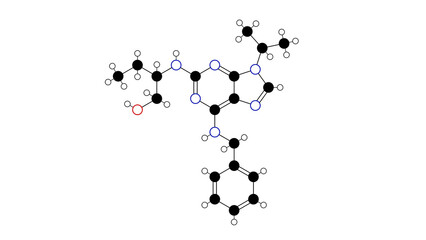 seliciclib molecule, structural chemical formula, ball-and-stick model, isolated image roscovitine