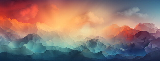 Wide panoramic background banner, colorful composition of abstract evening mountain range landscape with different geometric shapes  - obrazy, fototapety, plakaty
