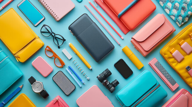 Business accessories set on blue background. Leather wallet and cases, notebook, glasses, watch, pens and pencils, smartphone, computer flash drives. Top view, flat lay. Creative background.