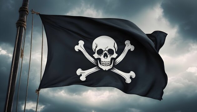 Pirate black flag with skull and bones waving in the wind, cloudy sky background, jolly roger symbol, dark mysterious hacker and robber concept created with generative ai