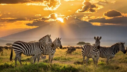african zebras at sunset in the serengeti national park tanzania wild nature of africa - obrazy, fototapety, plakaty