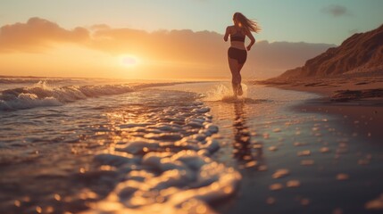 Woman Running on the Beach at Sunset