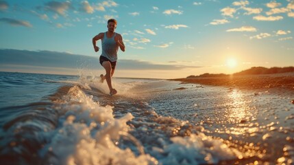 Man Running in the Ocean at Sunset