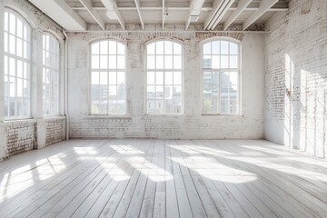 An Empty Room With Three Windows and a Brick Wall