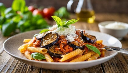 pasta alla norma delicious sicilian pasta dish with roasted eggplant marinara tomato sauce grated ricotta and fresh basil - obrazy, fototapety, plakaty