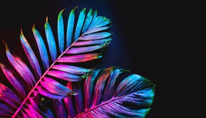 tropical leaves in vibrant gradient holographic neon colors on black background nature concept with copy space