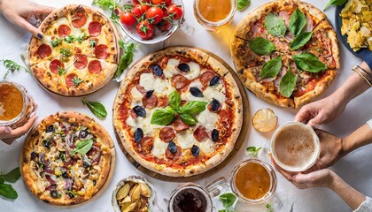 Fototapeta na wymiar pizza party for friends or family flat lay of various pizzas drinks and people celebrating with beer over plain white table background top view fast food comfort food italian cuisine concept