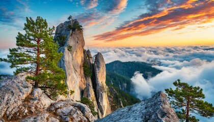 majestic rocks with pine trees on the background of clouds in the sunset sky