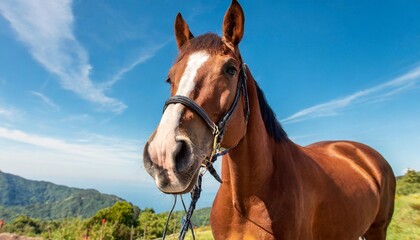 close up of the head of a red horse against the background of a clear blue sky vertical shot