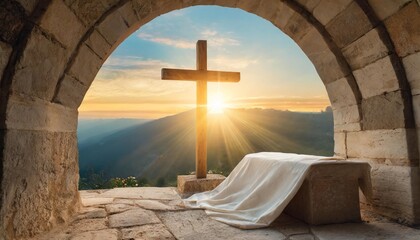 tomb empty with shroud and crucifixion at sunrise resurrection of jesus christ