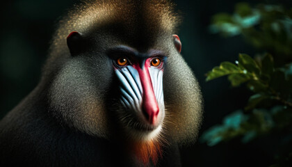 Mandrill close-up portrait. Mandrillus sphinx with red fur and blue eyes,a wild primate looks closely at the camera.Dark green background. - obrazy, fototapety, plakaty