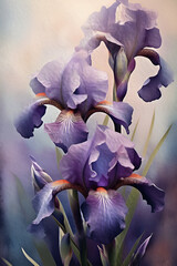 beautiful art with purple  iris flower against pink abstract  background. close up. paint watercolor style. Ai genarated - 728589283