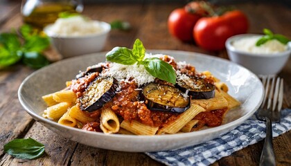 pasta alla norma delicious sicilian pasta dish with roasted eggplant marinara tomato sauce grated ricotta and fresh basil - obrazy, fototapety, plakaty