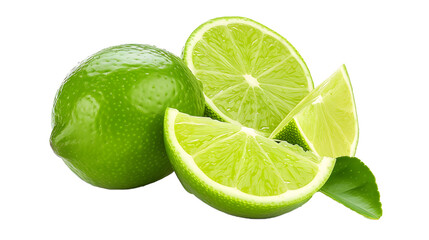 Green lime with cut in half and slices isolated on white background