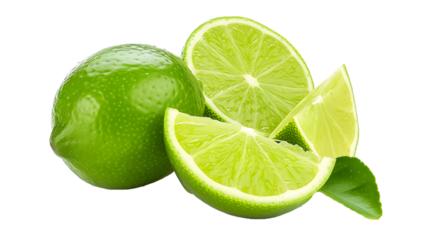 Green lime with cut in half and slices isolated on white background