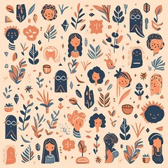 Whimsical Pattern with Abstract Elements and Characters