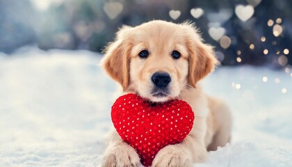 cute dog and valentine golden retriever puppy playing with red heart in snow close up valentine s day and love concept romantic banner copy space