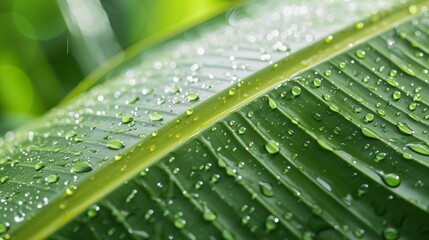 Rain-Kissed Brilliance: Banana Leaf Texture Glistening with Raindrops, Enhancing the Natural Beauty and Showcasing the Glossy Surface