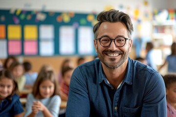 Fototapeta premium Portrait of smiling male teacher in a class at elementary school looking at camera with learning students on background, Generative AI