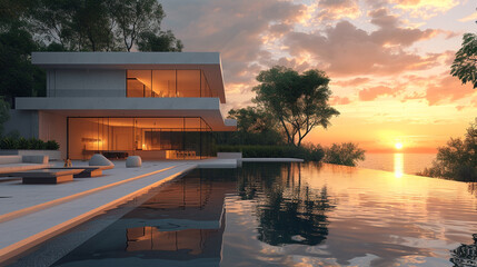 A sleek, minimalist exterior with geometric shapes and large glass windows reflecting the sunset,...