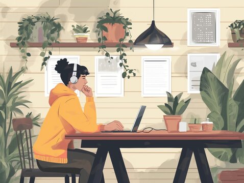 Illustration of a person with earphones is working in a cafe
