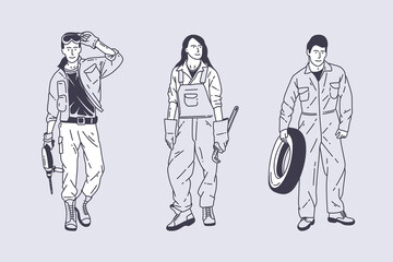 Set of outline illustrations of a mechanic workshop