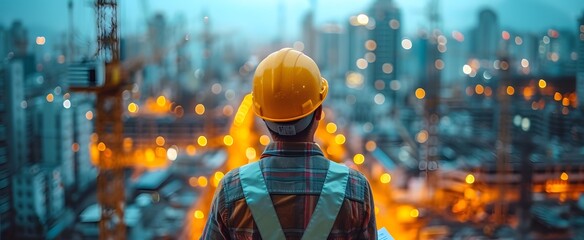  a engineer or architect wearing safety uniform and hard hat looking at skyline and building at a construction site. view from behind. background, wallpaper. - obrazy, fototapety, plakaty
