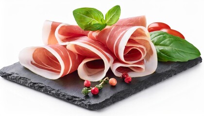 italian prosciutto crudo or spanish jamon raw ham isolated on white background with full depth of field