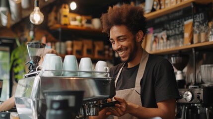 A Man Smiling While Working at a Coffee Shop