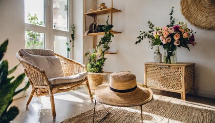 aesthetic bright sunny elegant home living room interior design with comfortable lounge rattan chair hat side table flowers bouquet shelf with decorations scandinavian interior design