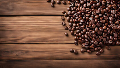 Fototapeta premium Coffee beans on a wood table with copy space. AI Generated.
