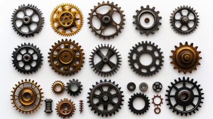 Assorted Gears Arranged on White Surface - obrazy, fototapety, plakaty