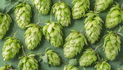 green ripe hop cones for brewery and bakery background pattern