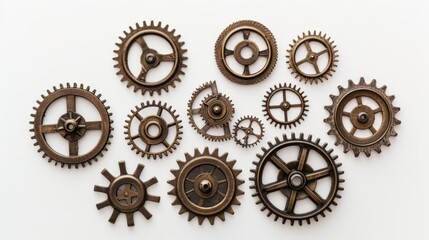 Cluster of Gears on a White Surface - obrazy, fototapety, plakaty