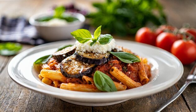 pasta alla norma delicious sicilian pasta dish with roasted eggplant marinara tomato sauce grated ricotta and fresh basil