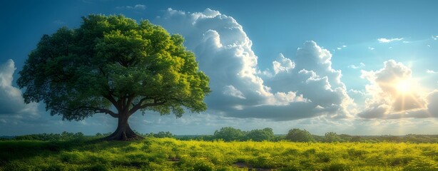 a big green leafy tree with blue sky and cloudy background, nature environment concept. peaceful. copy space. mockup.