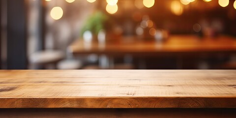 Kitchen bench interior with bokeh image on brown wooden table.