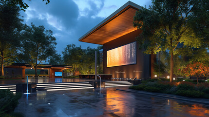 A contemporary exterior with interactive digital displays that showcase modern art, inviting...
