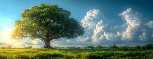 a big green leafy tree with blue sky and cloudy background, nature environment concept. peaceful. copy space. mockup.
