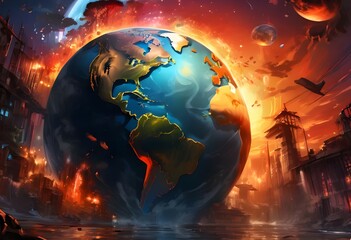 Conceptual Illustration of planet Earth in fire. bad environment and global pollution