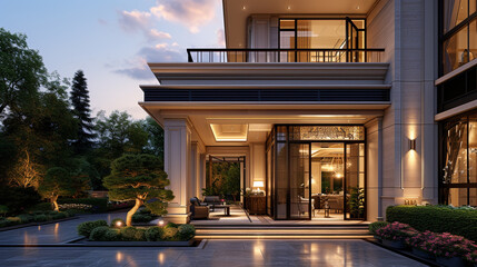 A luxurious exterior with high-end finishes and a sophisticated entrance, leading to an interior...