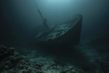 Enigmatic Depths: Sunken Shipwreck Submerging into the Abyssal Darkness Below
