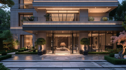 A luxurious exterior with high-end finishes and a sophisticated entrance, leading to an interior...
