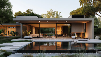 A serene, minimalist exterior with a focus on symmetry and balance, reflecting the clean lines and...