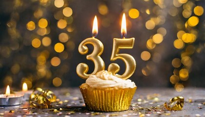 number 35 thirty five golden celebration birthday candle on festive background thirty five years birthday concept of celebrating birthday anniversary important date holiday