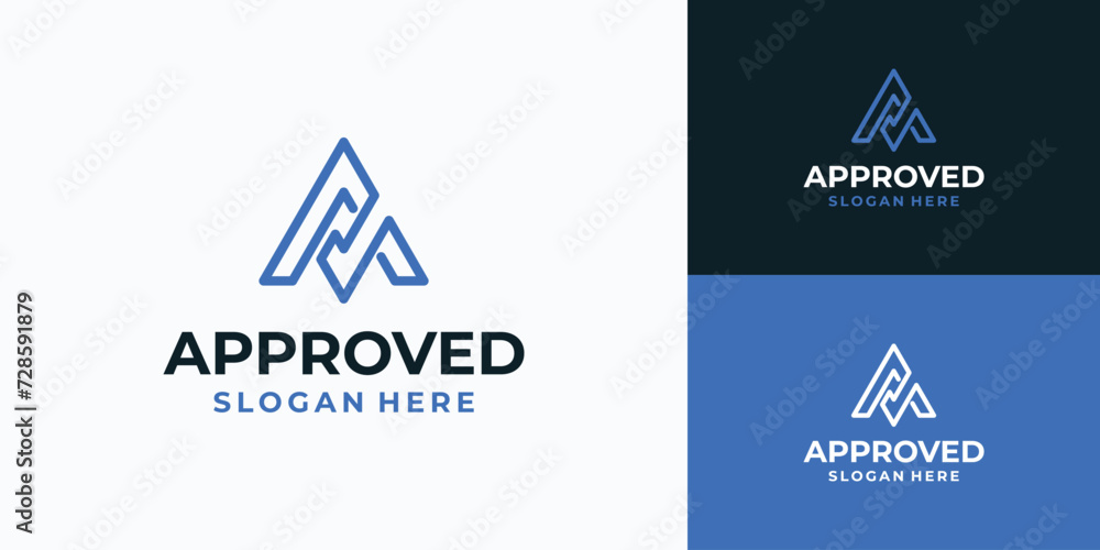 Poster line vector logo design of initial a and check mark as letter v.