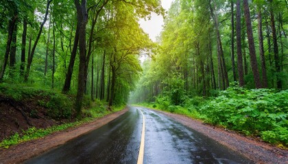 Fototapeta na wymiar road in green forest after rain